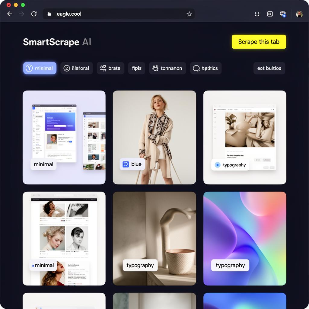 SmartScrape AI side panel showing tagged moodboard assets